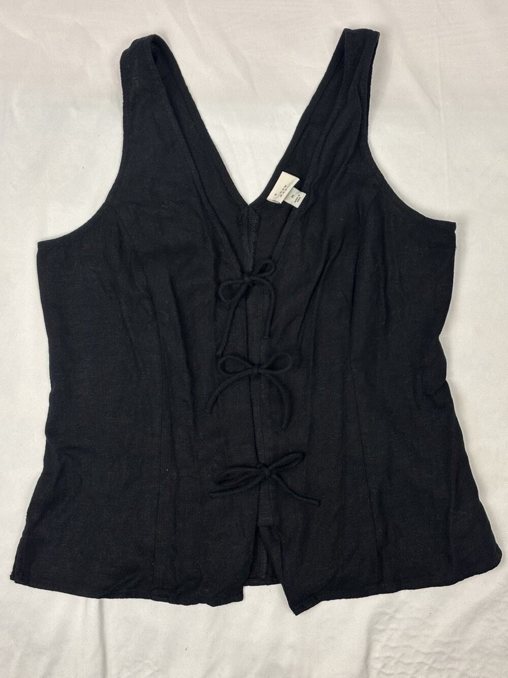A New Day Women's Linen Blend Tie Front V Neck Sleeveless Blouse Top Black Sz M